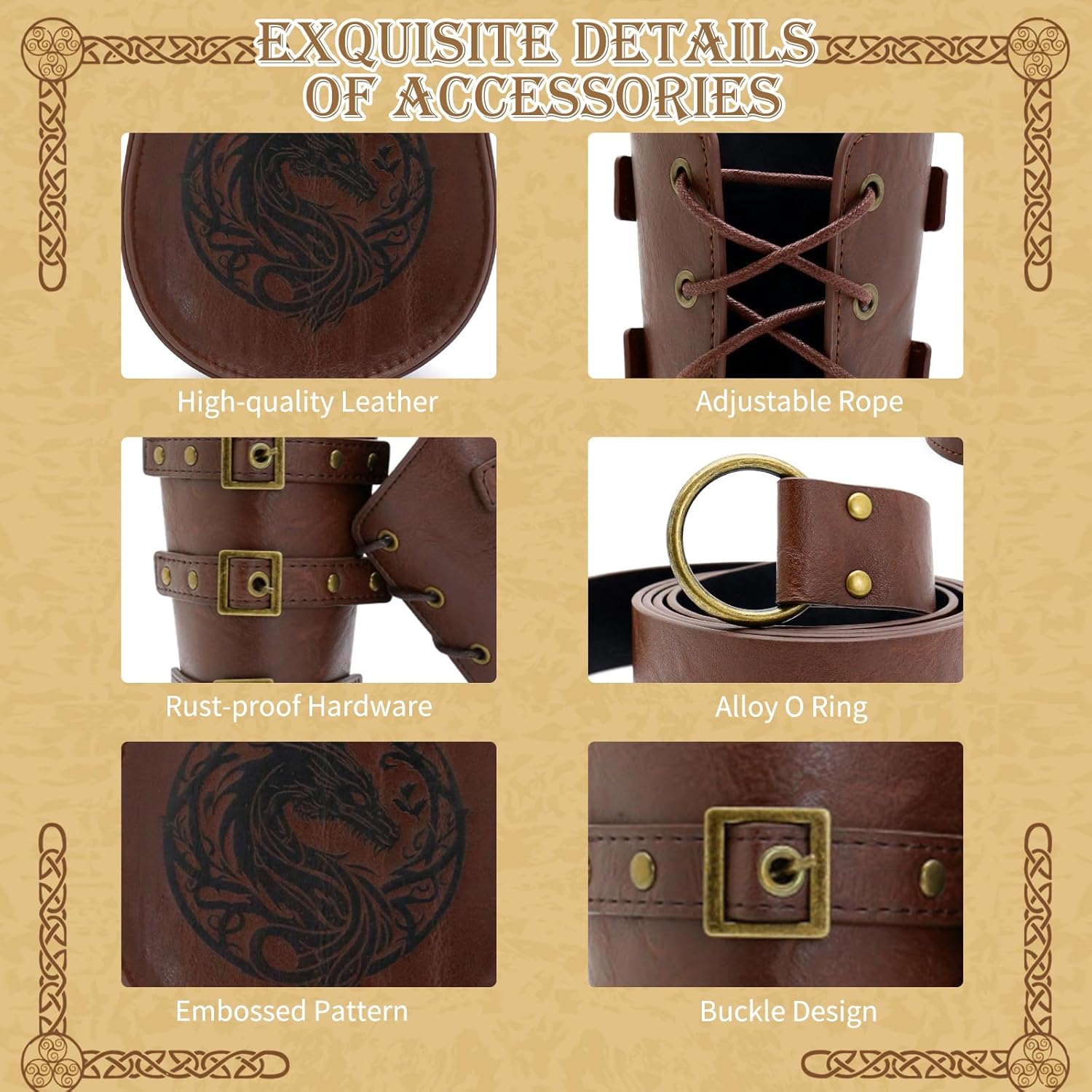 Renaissance Belt, 3 PCS Medieval Accessories Leather Belt Pouch & Leather Bracers for Men & Women Renaissance Fair Halloween Cosplay Accessories Brown - Image 3