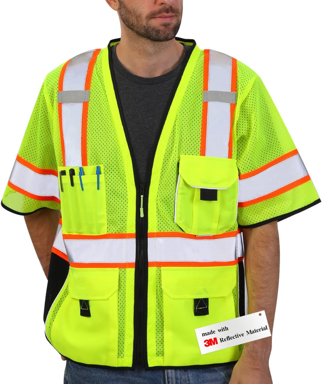 Dib Safety Reflective Mesh Vest ANSI Class 3, High Visibility with Pockets and Zipper, Made with 3M Reflective Tape, Yellow XL