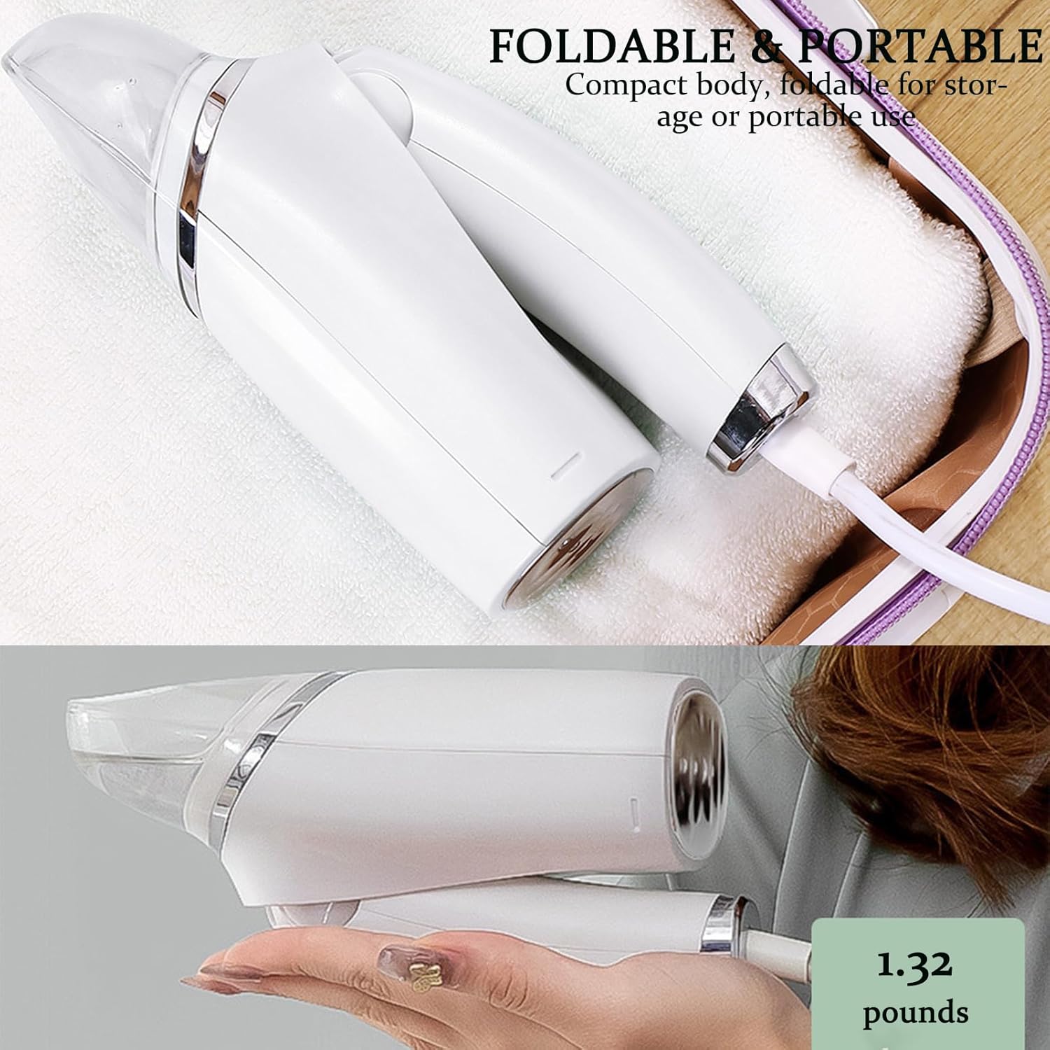Handheld Clothing Steamer, 1000W Portable Foldable Stainless Steel Panel Steam Iron，A Small Clothing Wrinkle Remover Weighing 1.32 Pounds Suitable for Home, Travel & Office (White)