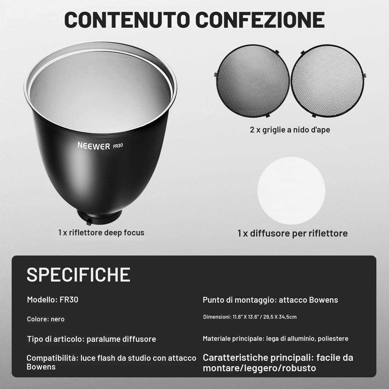 NEEWER 29,5cm Riflettore Profondità Campo, Griglie Nido d'Ape 15°/30° | Attacco Bowens, Paralume Diffusore a 45° con Tessuto Morbido, Compatibile con Stroboscopi da Studio NEEWER e Godox, FR30