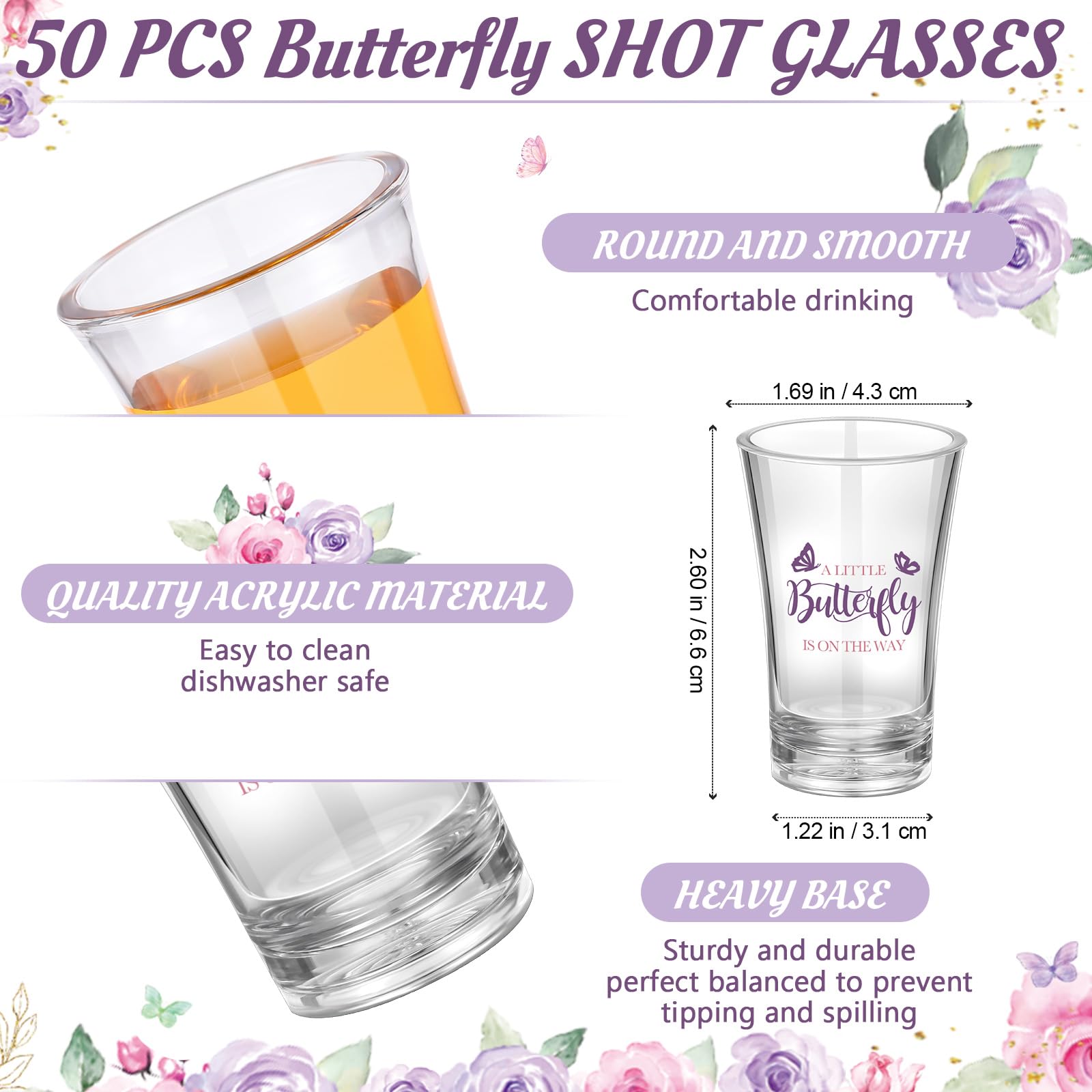 Funnymoom Juego de 50 vasos de chupito de acrílico transparente con diseño de mariposa para baby shower con bolsas de organza, decoraciones de fiesta de primavera