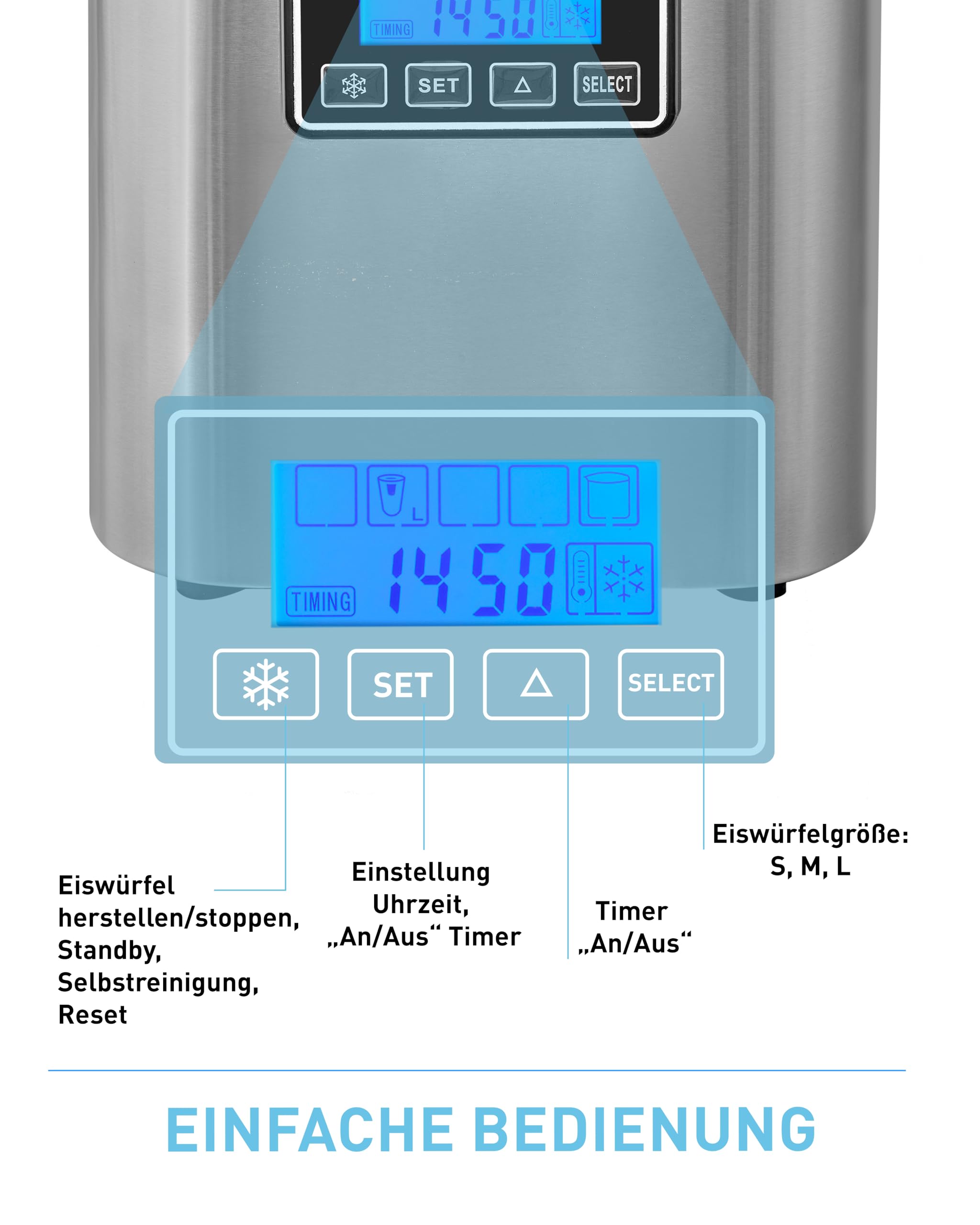HEINRICHS Eiswürfelmaschine, Eiswürfelbereiter mit Timer, 3 einstellbare Eiswürfelgrößen, LCD-Display, 2,2 Liter Wassertank, Selbstreinigungsfunktion, Edelstahl, 120 W Leistung Heinrich´s