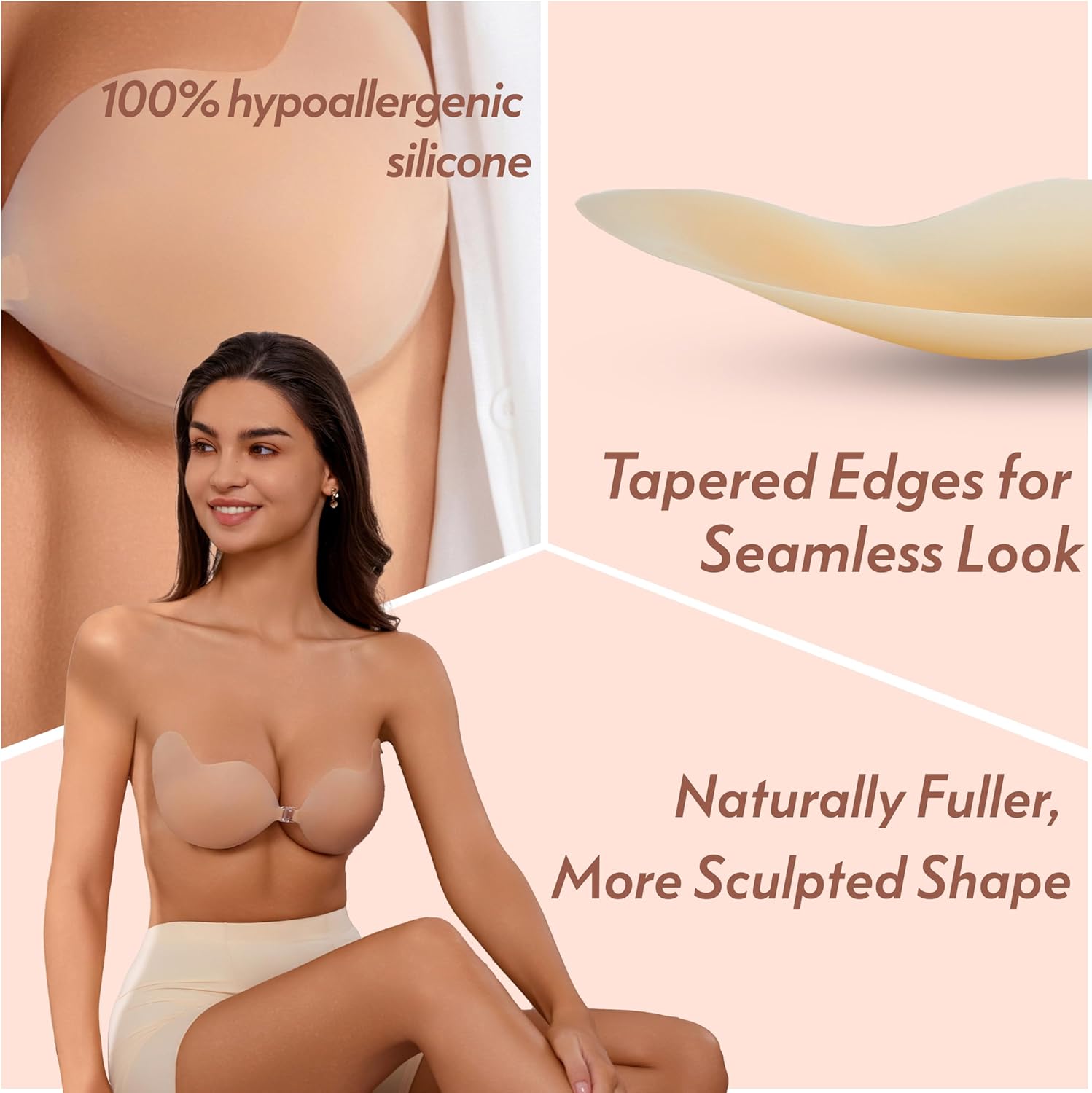 Rosefly Push Up Strapless Bra for Women, Backless Sticky Bra for Enhanced Cleavage & Deep V, Reusable AB Adhesive - Image 3