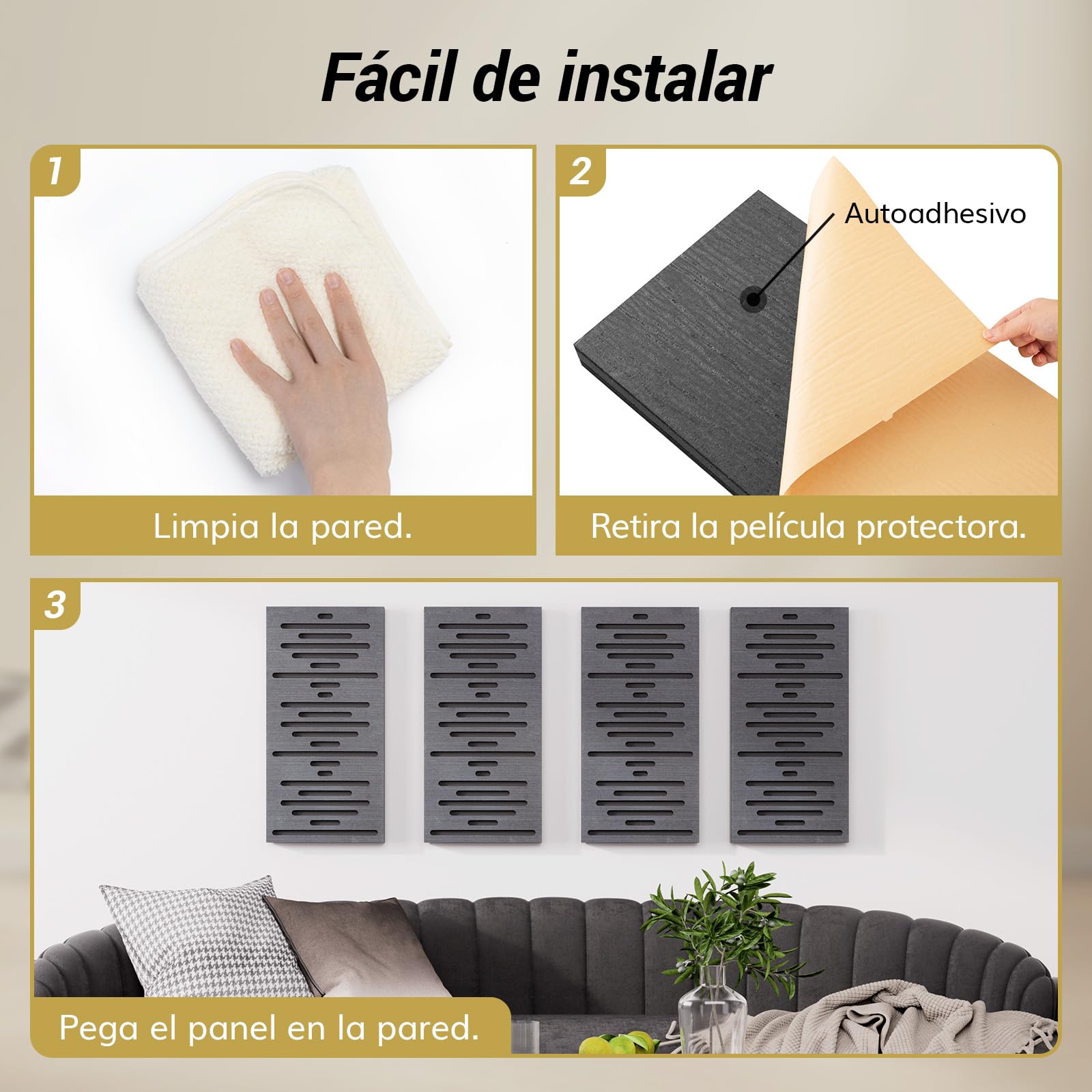 TONOR 4 PCS paneles decorativos, 60x30x4,7cm, 3D Panel de Pared Autoadhesivo, Baldosas Insonorizadas de Tres Capas para Absorción de Eco, Barrera Acústica de Fibra de Poliéster, Madera Negro