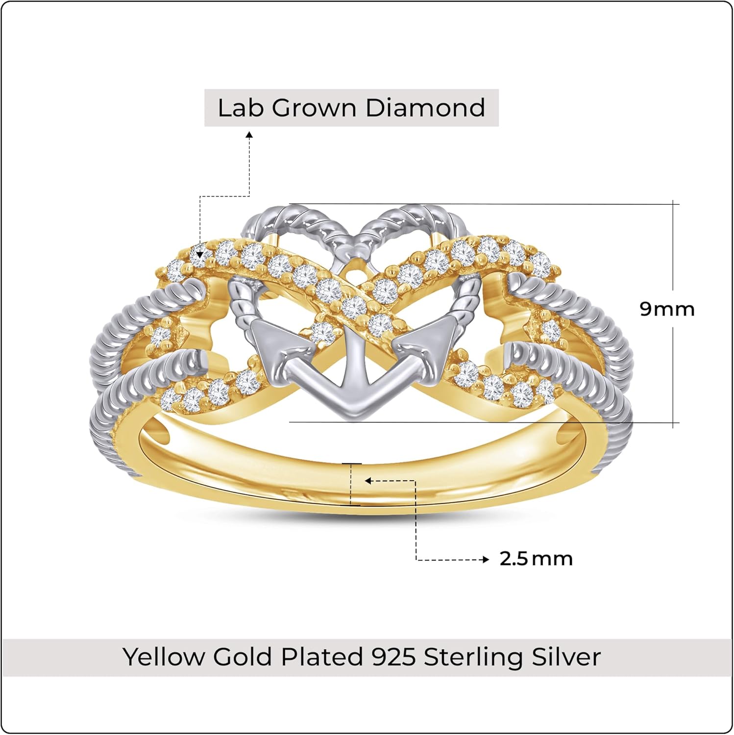 Infinity Heart Anchor Rope Promise Rings for Women, 1/10 Carat Round Cut Moissanite, Lab Grown or Natural Diamond Two Tone Ring in 14K Gold Plated 925 Sterling Silver Jewelry Gift for Her
