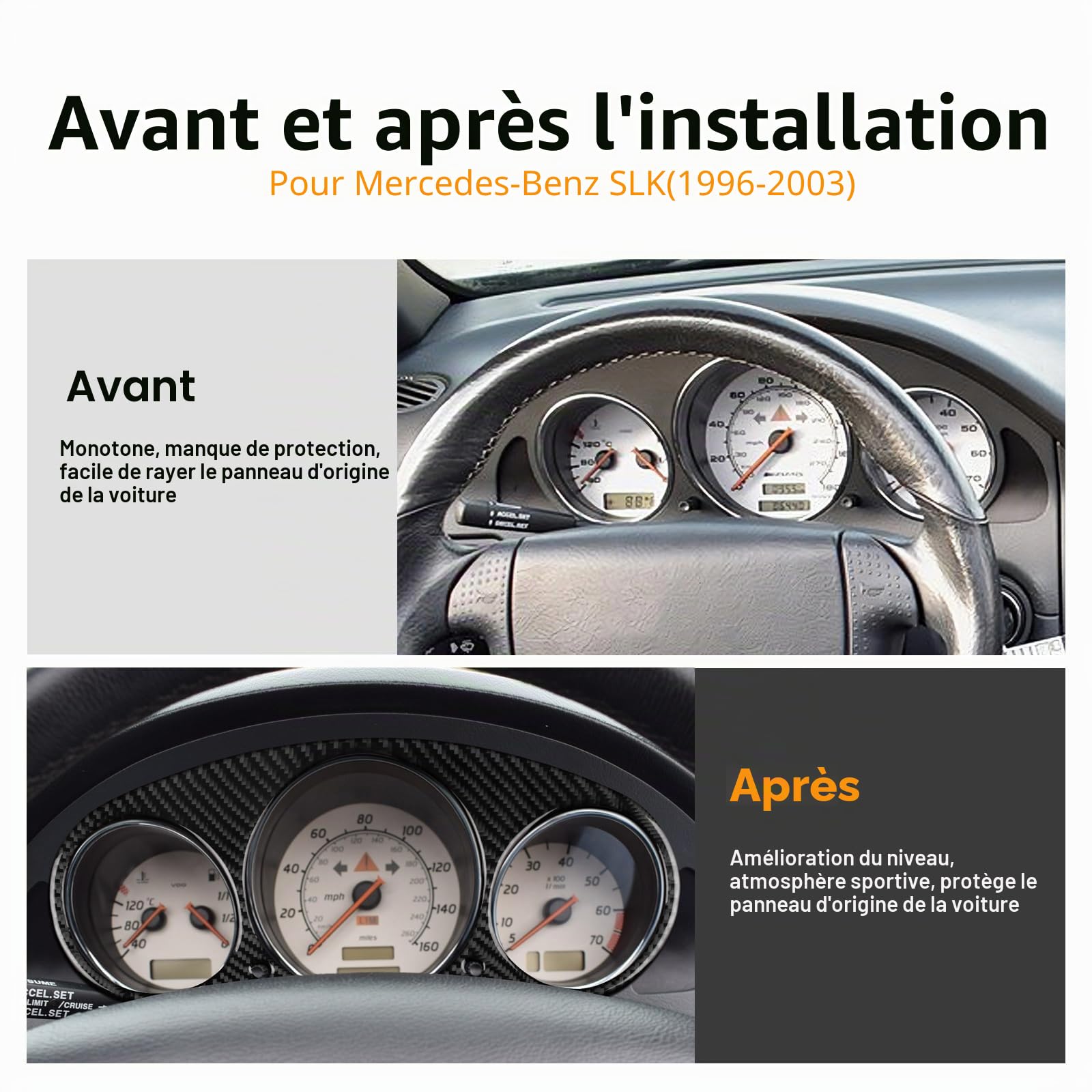 KUNGKIC pour MERCEDES-Benz SLK R170 1996-2003 Fibre de Carbone Voiture Tableau de bord Cadre Compteur de Vitesse Autocollants Compteur de Vitesse Accessoires Intérieurs Décoratifs, Cadeau (Noir)