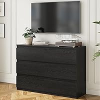 Vista 7 de Cómoda de madera negra, cómoda de 6 cajones para almacenamiento de ropa para dormitorio, cómoda moderna con cajones anchos, cajones anchos de madera