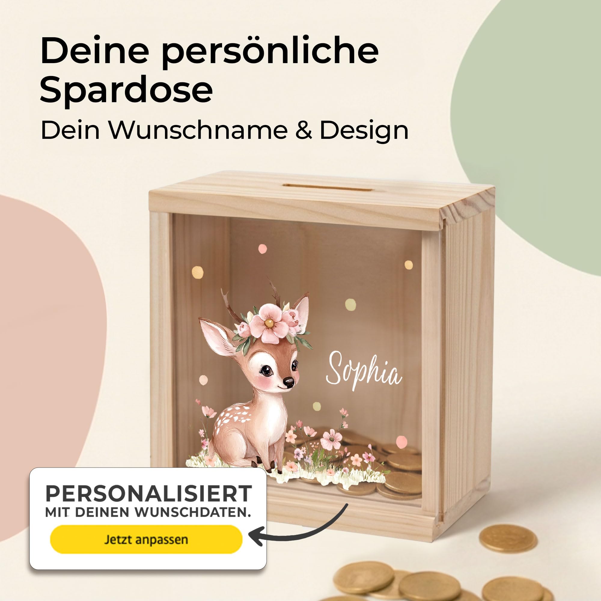 Little-Deco Spardose, Geldkassette, Sparbox, Geld sparen, 15x15cm | Sparschwein Kinder, personalisierte Geschenke Kinder, personalisierte Spardose, Holzspardose, Geschenk zur Geburt