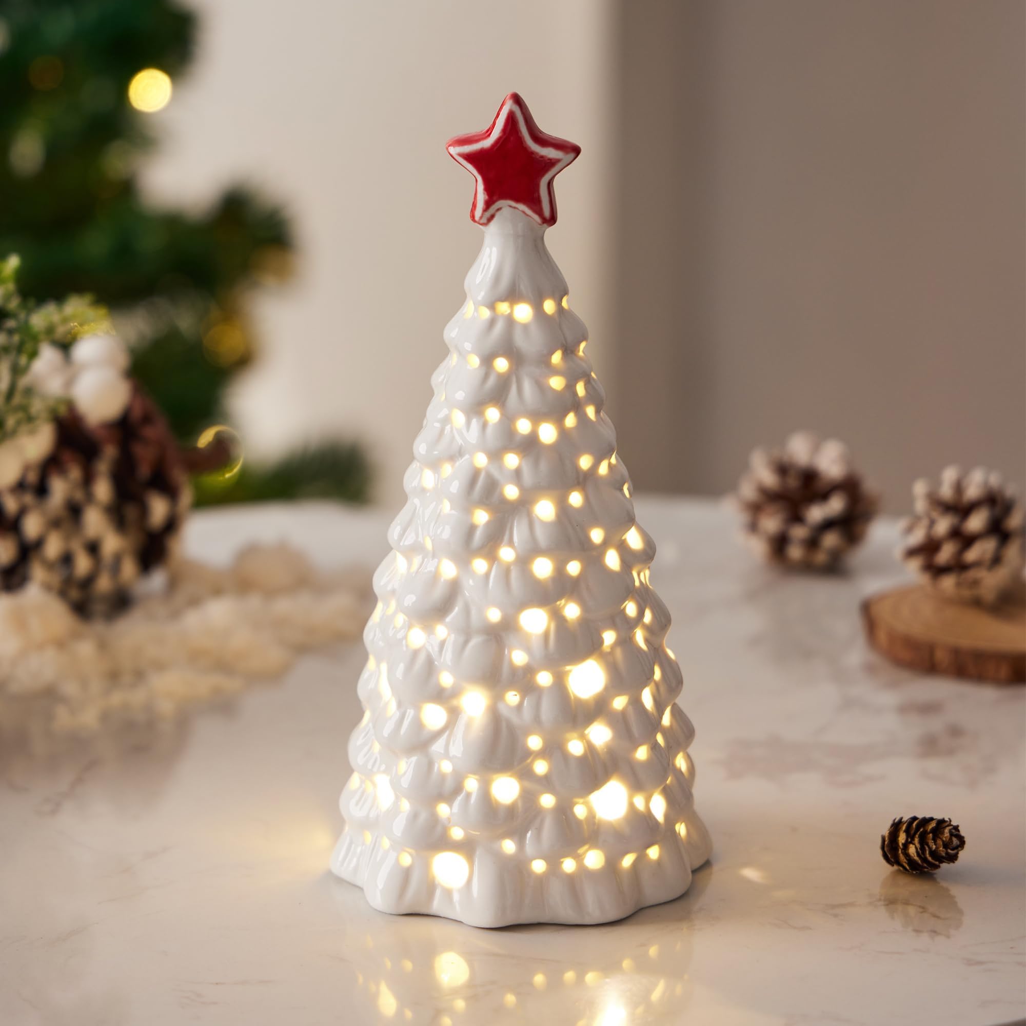 Christmas Decorations, Ceramic Christmas Tree, 8" Small Christmas Tree with Lights for Table Top, Mantle, Holiday Christmas Decor (White)