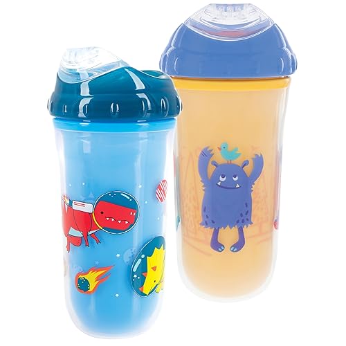 Nuby Vaso de transición con aislamiento antiderrames, con boquilla de borde de silicona suave, 9 onzas, paquete de 2 impresos dinosaurios azules y