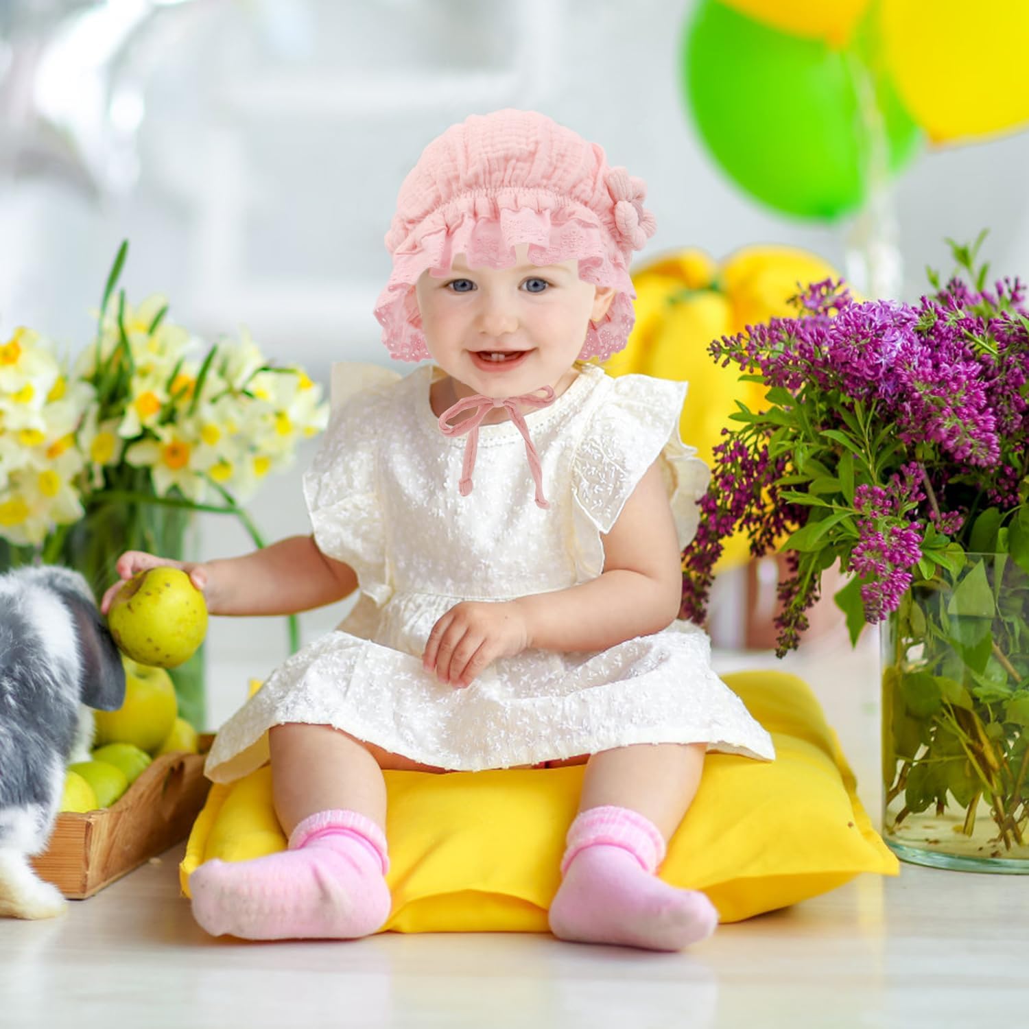 Baby Girls Bonnet Ultra Soft Breathable Lovely Bonnet Cap with 3D Flowers Adjustable Hats 0-12 Months - Image 6