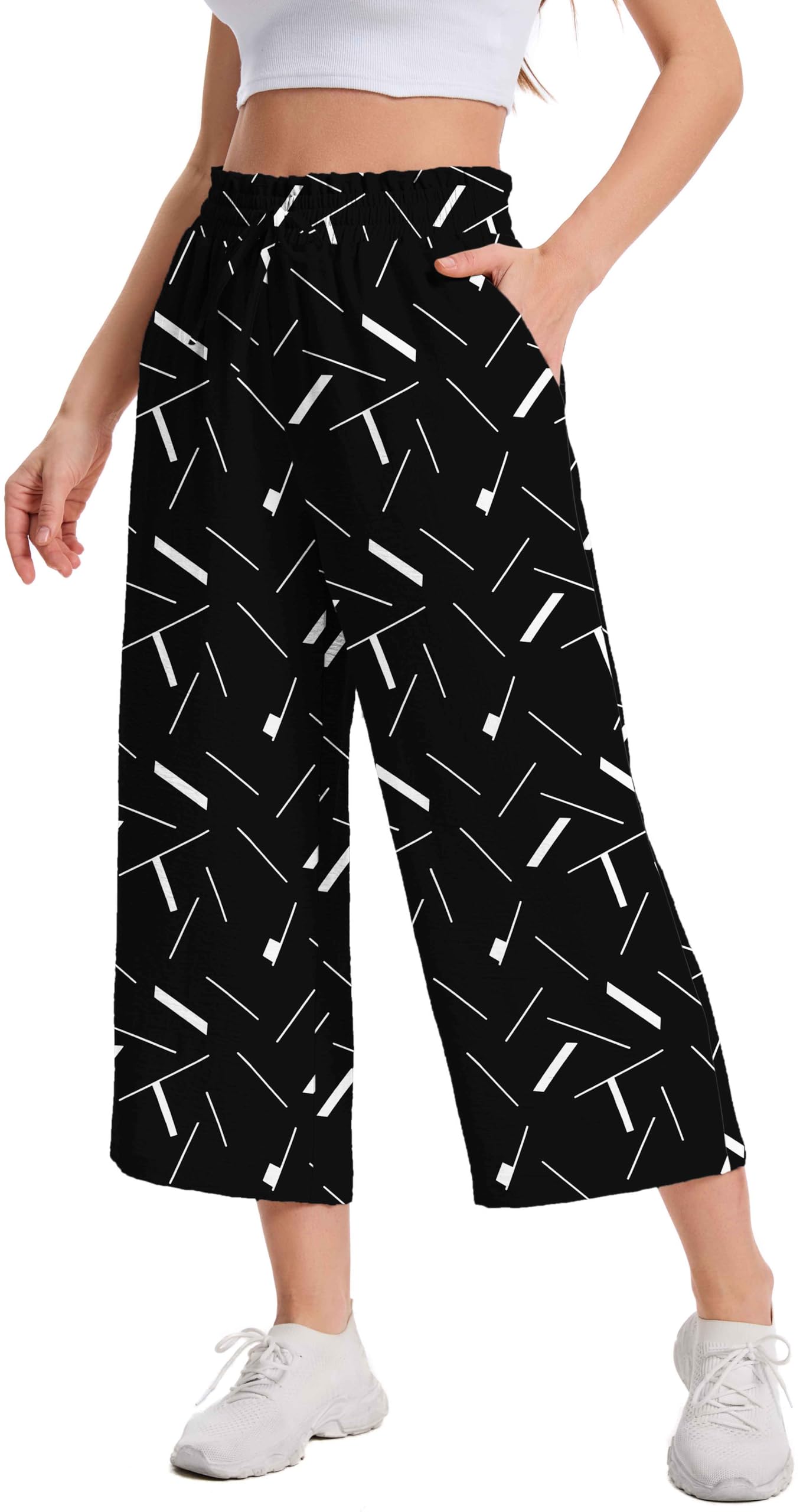 WUWUSKY Damen 3/4 Culotte Hose Leichte Sommerhose mit Taschen | Atmungsaktives Stoff Caprihose für Damen