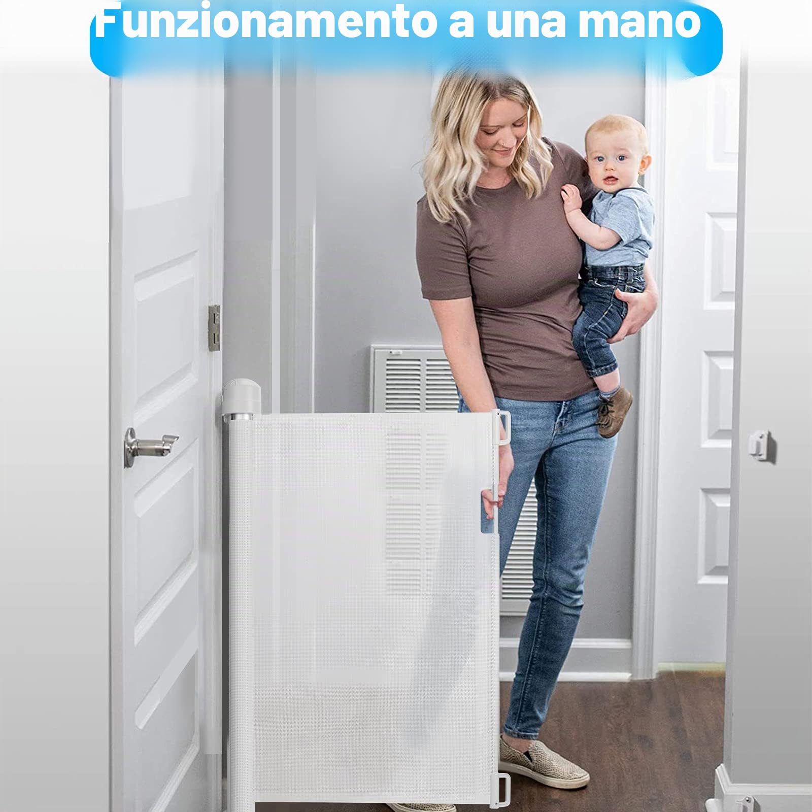 LARS360 Griglia di protezione per porta estensibile da 0 a 150 cm, per scale, altezza 87 cm, per bambini, utilizzabile con una sola mano, per interni ed esterni, colore bianco