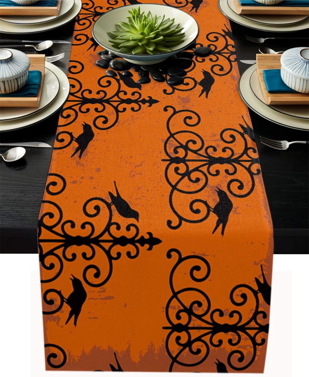 Table Runner,Halloween Black Crow Wall Lamp Orange,Kitchen