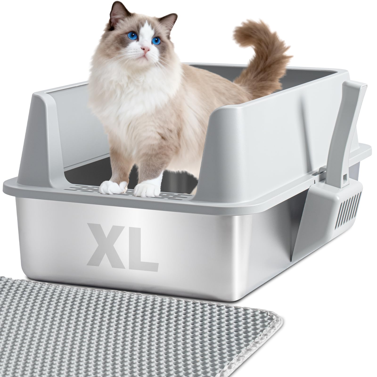 Holintan Stainless Steel Litter Box with Lid, XL Metal Litter Box, Anti-Urine Leakage Cat Litter Boxes Extra Large for Big/Multiple Cats, Never Absorbs Odors, Non-Stick, Includes Scooper and Mat
