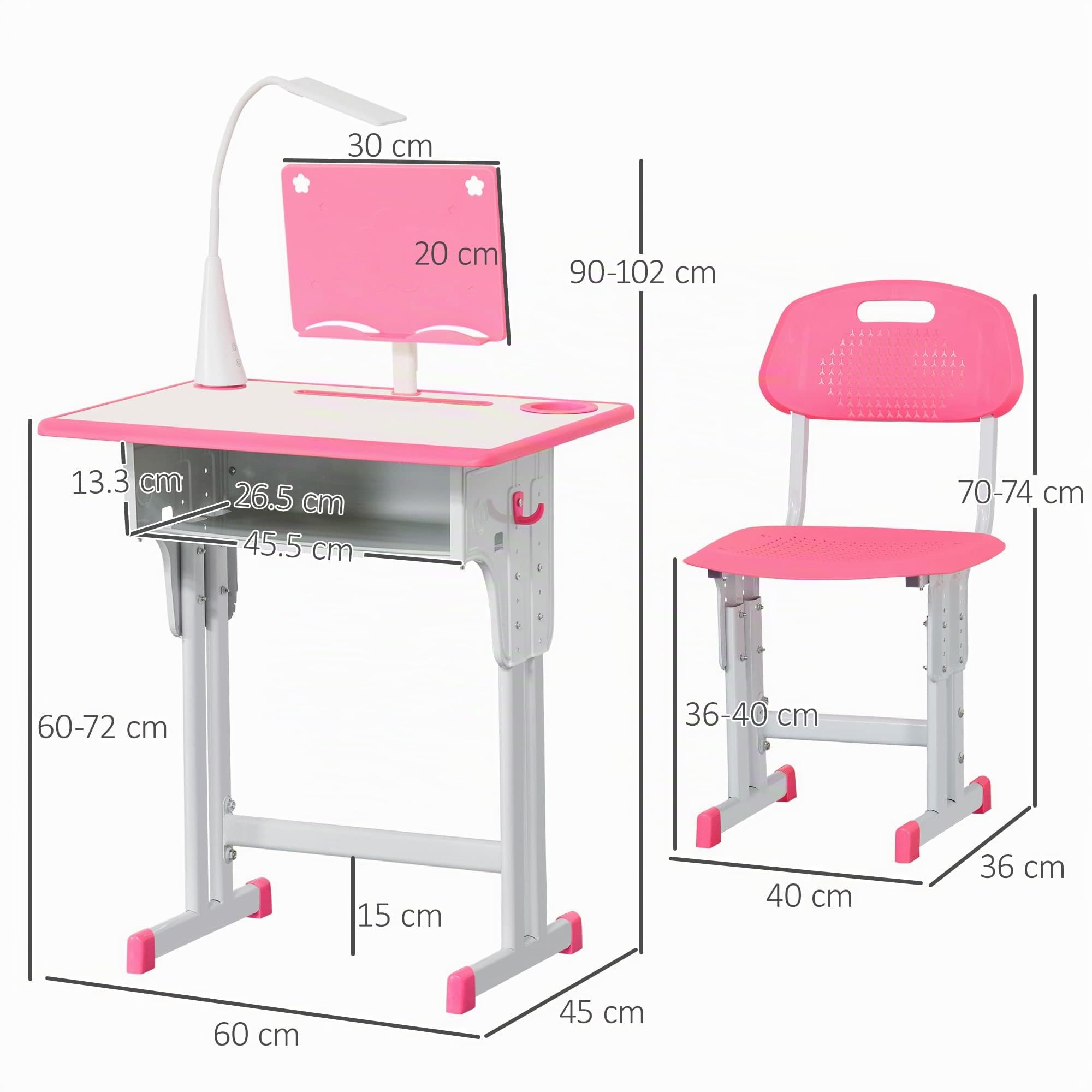 HOMCOM Ensemble Bureau Enfant réglable en Hauteur, Table d'étude, Rose