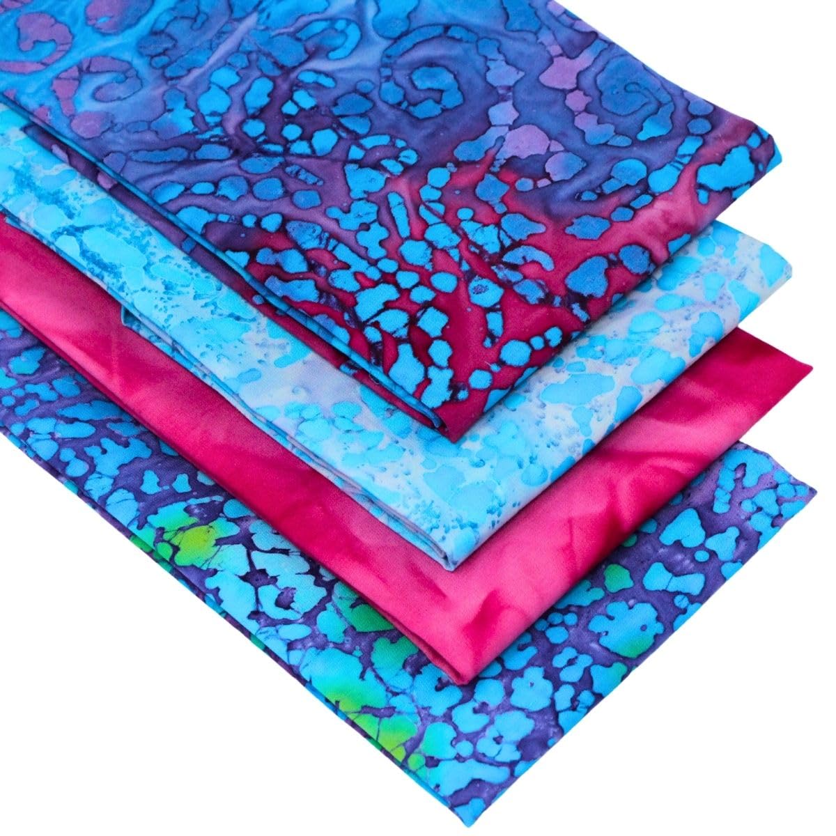4 Fat Quarters Batik Bundle - Calypso - Bright & Vibrant Fabrics in Shades of Pink and Blue. 100% Cotton Ideal for Quilting, Patchwork & Crafting (with Free Patchwork Pattern by Overdale Fabrics)