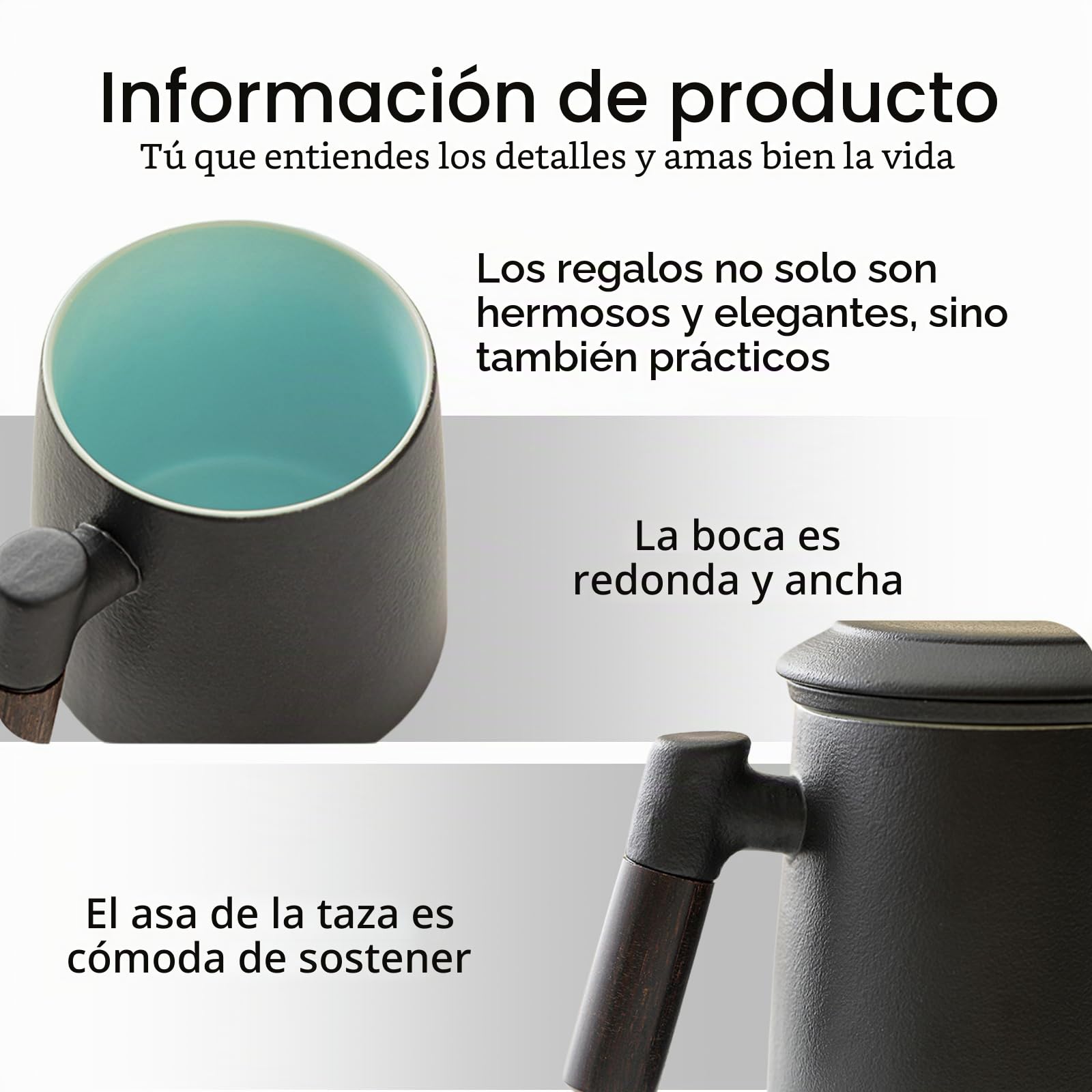 Taza de té con tapa y colador, 400 ml, mango de madera, tazas de té de cerámica mate con colador de té y tapa, taza de té con colador de té para amantes del té, esmalte negro rociado a mano para