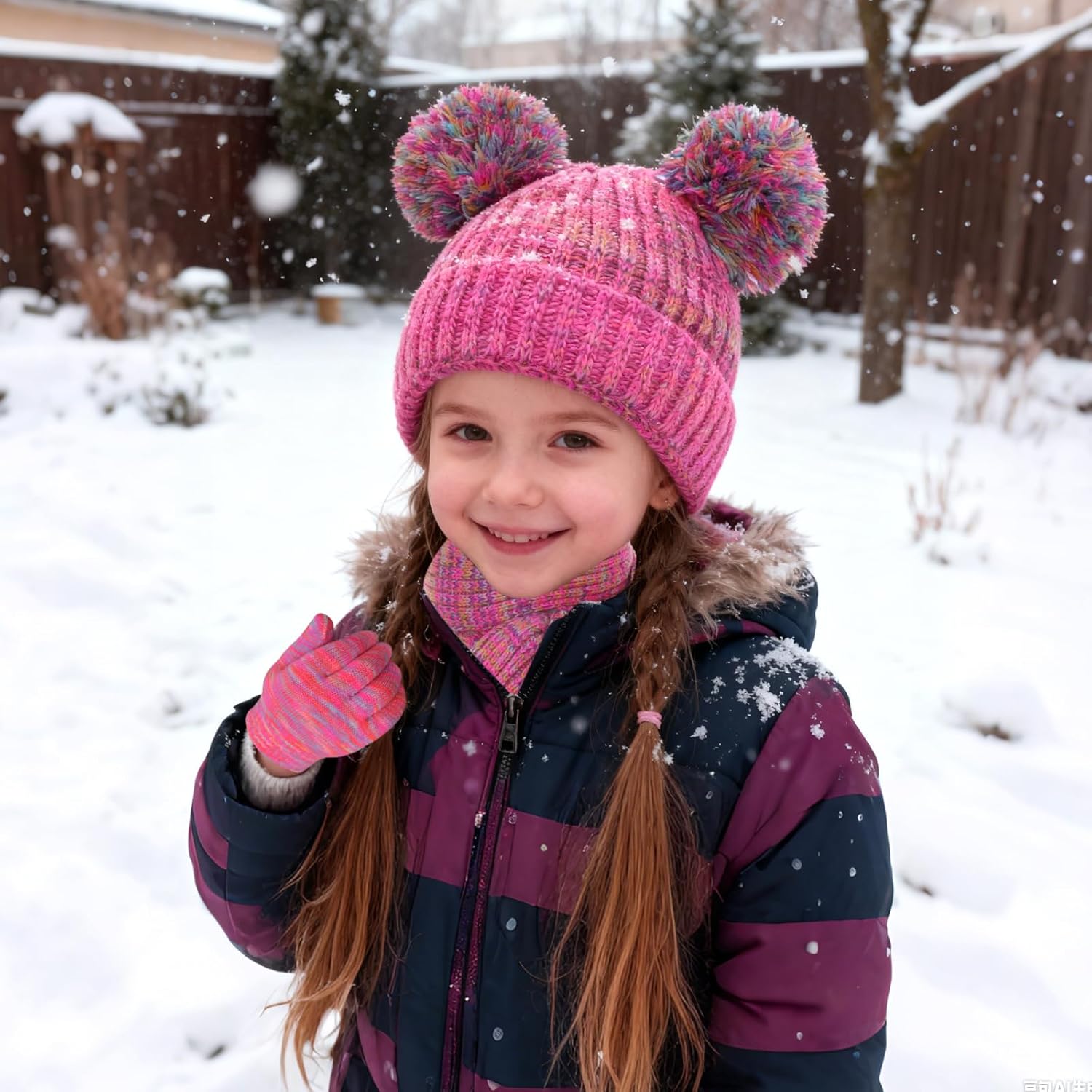 Kids Winter Hat Gloves Scarf Set Girls Toddler Beanie with Pom Knit Neck Warmer Mittens Fleece Lined Set - Image 6