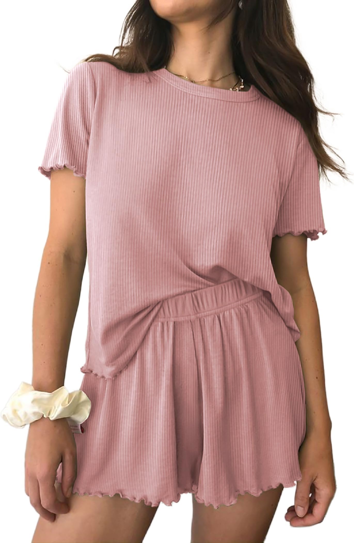 Womens Pajamas 2 Piece Ribbed Knit Pjs Short Sleeve Sleepwear Set Summer Soft Pajamas Set Casual Lounge Sets