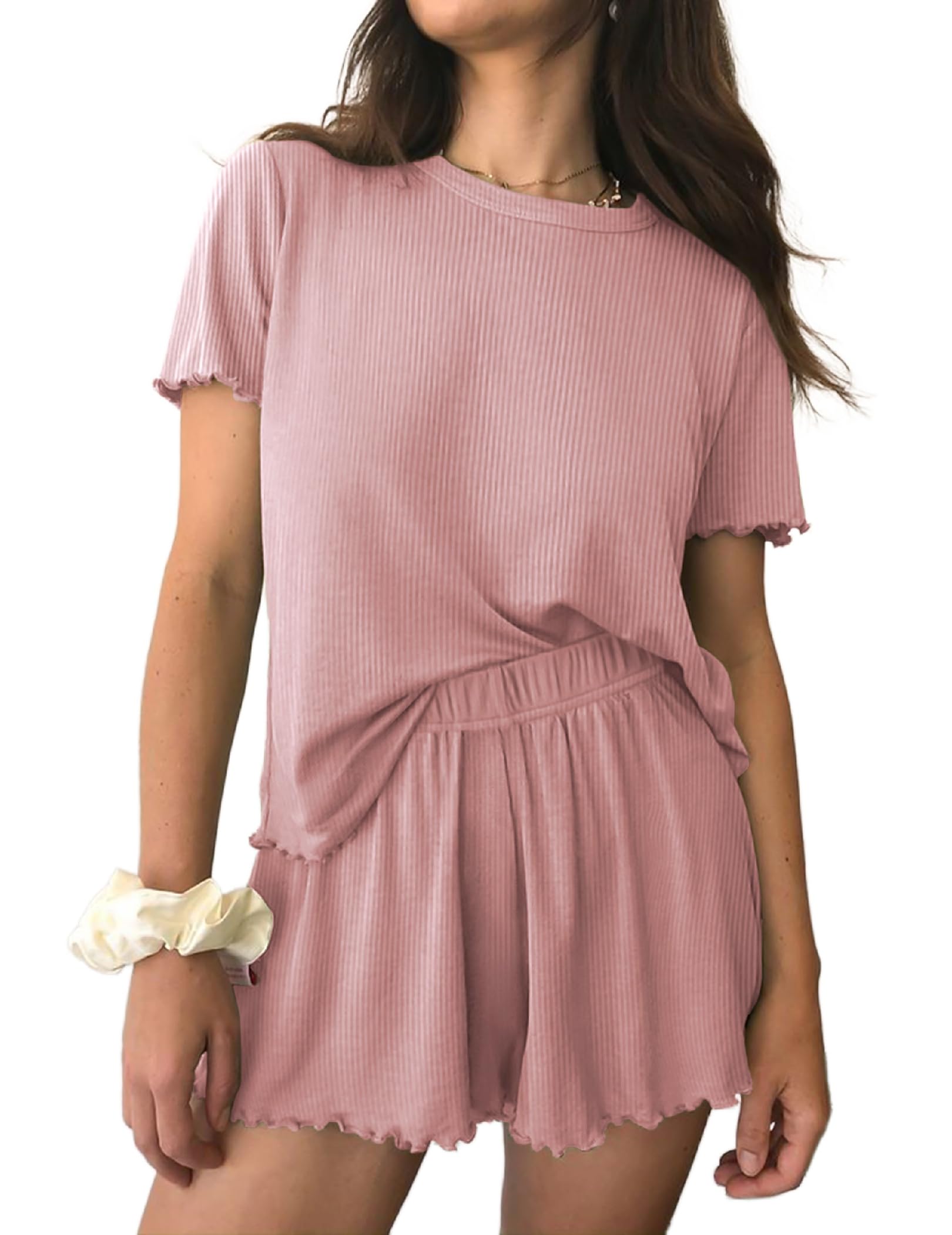 EkouaerWomens Pajamas 2 Piece Ribbed Knit Pjs Short Sleeve Sleepwear Set Summer Soft Pajamas Set Casual Lounge Sets