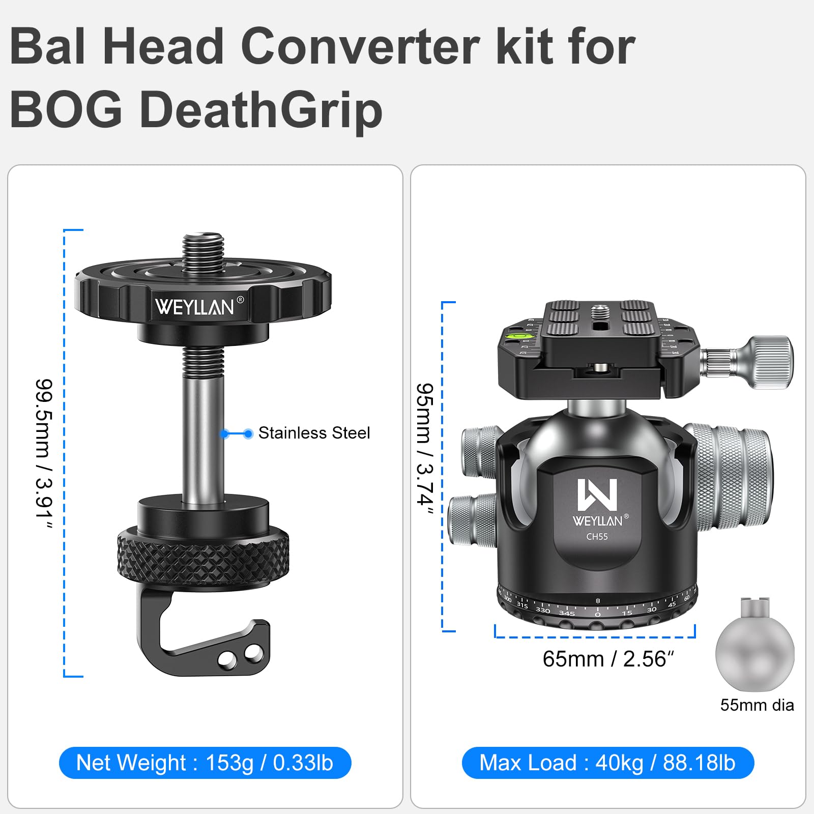WEYLLAN BA5 & CH55 BOG DeathGrip Conversion Adapter Kit, Includere Adattatore di Conversione e 55mm Testa a Sfera, con Arca Rail M-lok, Compatibile Solo con il Treppiede BOG DeathGrip