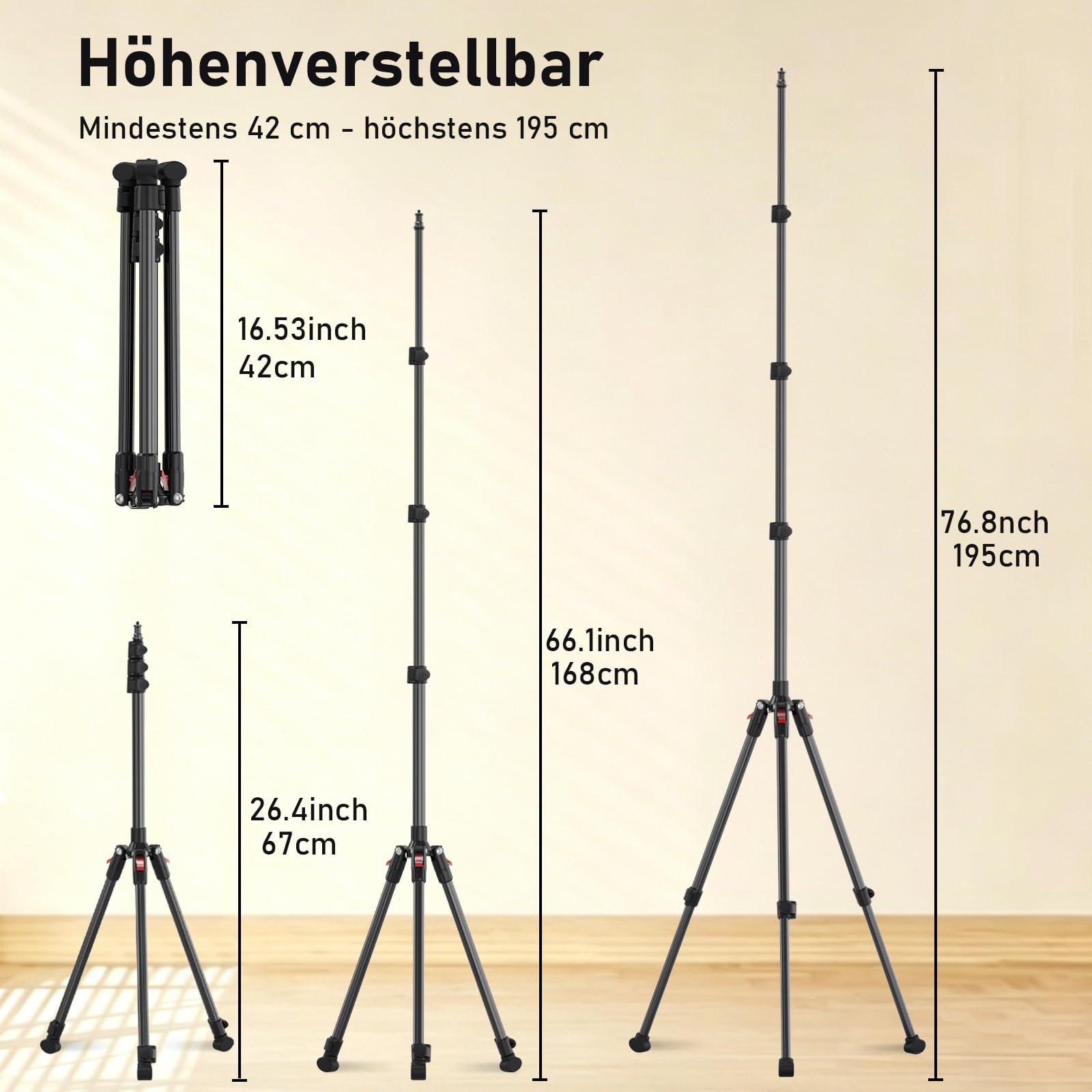 Lichtstativ 44-200cm, Aluminium Light Stand, Licht Stativ 1/4 Zoll, Max Last 6kg