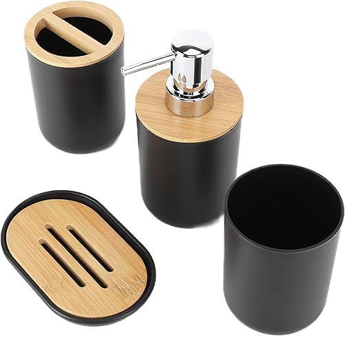 Miniatura 3 de Garosa Juego de 4 accesorios de baño de bambú, impermeable, juego de regalo de plástico para cepillo de dientes, dispensador de loción, caja de