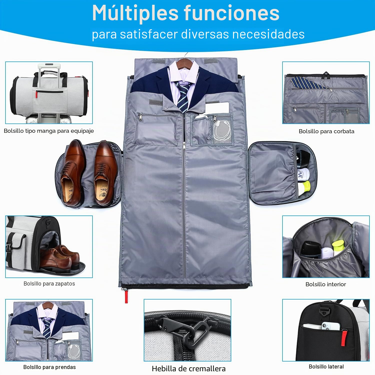 Bolsa de traje, bolsa de viaje para hombre, bolsa de viaje convertible, equipaje de mano con compartimento para zapatos, 3 en 1, bolsa grande para ropa, mochila, traje, para viajes de negocios, color