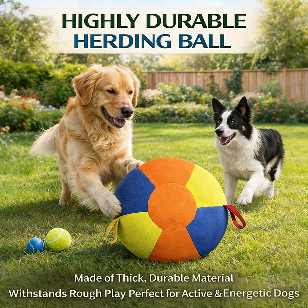 Calming Jumbo Ball for Dogs Herding Ball Toy for Medium Large Dogs Tear Resistant Inflatable Exercise Ball with Durable Handle Cover Pump Giant Tennis Style Interactive Outdoor Training Gift for Pets