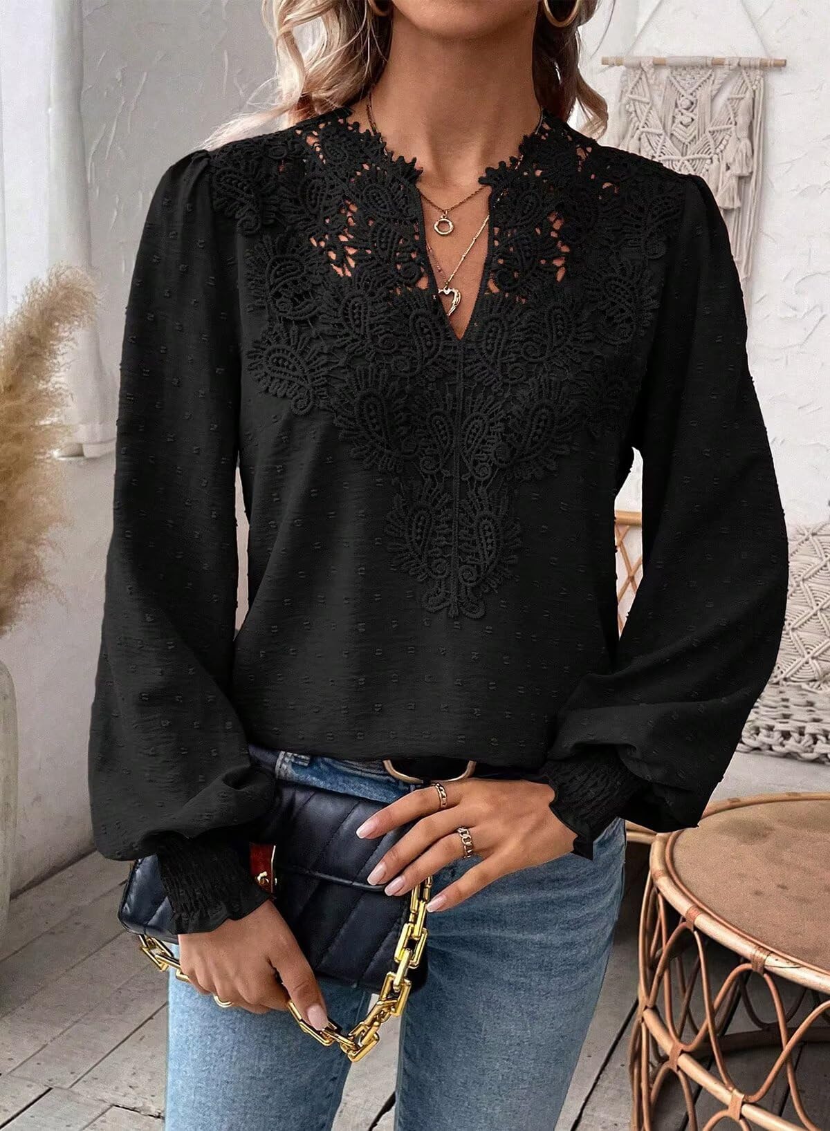 Womens Tops V Neck Boho Long Sleeve Shirts Swiss Dot Chiffon Blouses Flowy Lace Crochet Clothing Casual Trendy Tunic