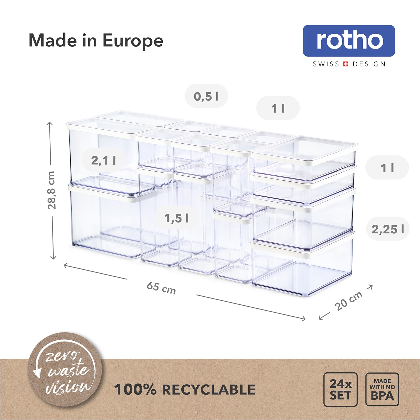 Rotho Loft Set 24 Contenitori Alimentari Ermetici, Plastica Senza BPA | Barattoli trasparenti per dispensa in varie misure: 0,5l, 1,0l, 1,5l, 2,1l e 2,25l, ideali per pasta, farina e muesli