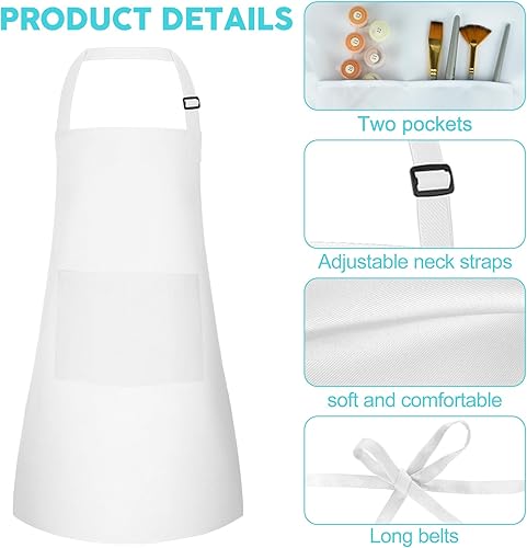 Miniatura 3 de Paquete de 5 delantales ajustables para niños con 2 bolsillos, delantales de pintura para cocinar, hornear, pintar, hacer manualidades (blanco)