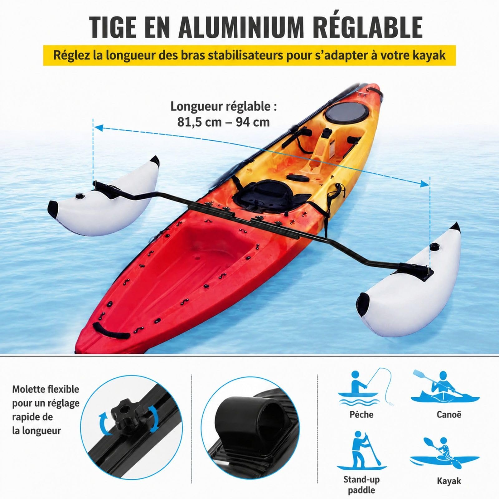 Kit de 2 flotteurs stabilisateurs gonflables en PVC pour Kayak et canoë