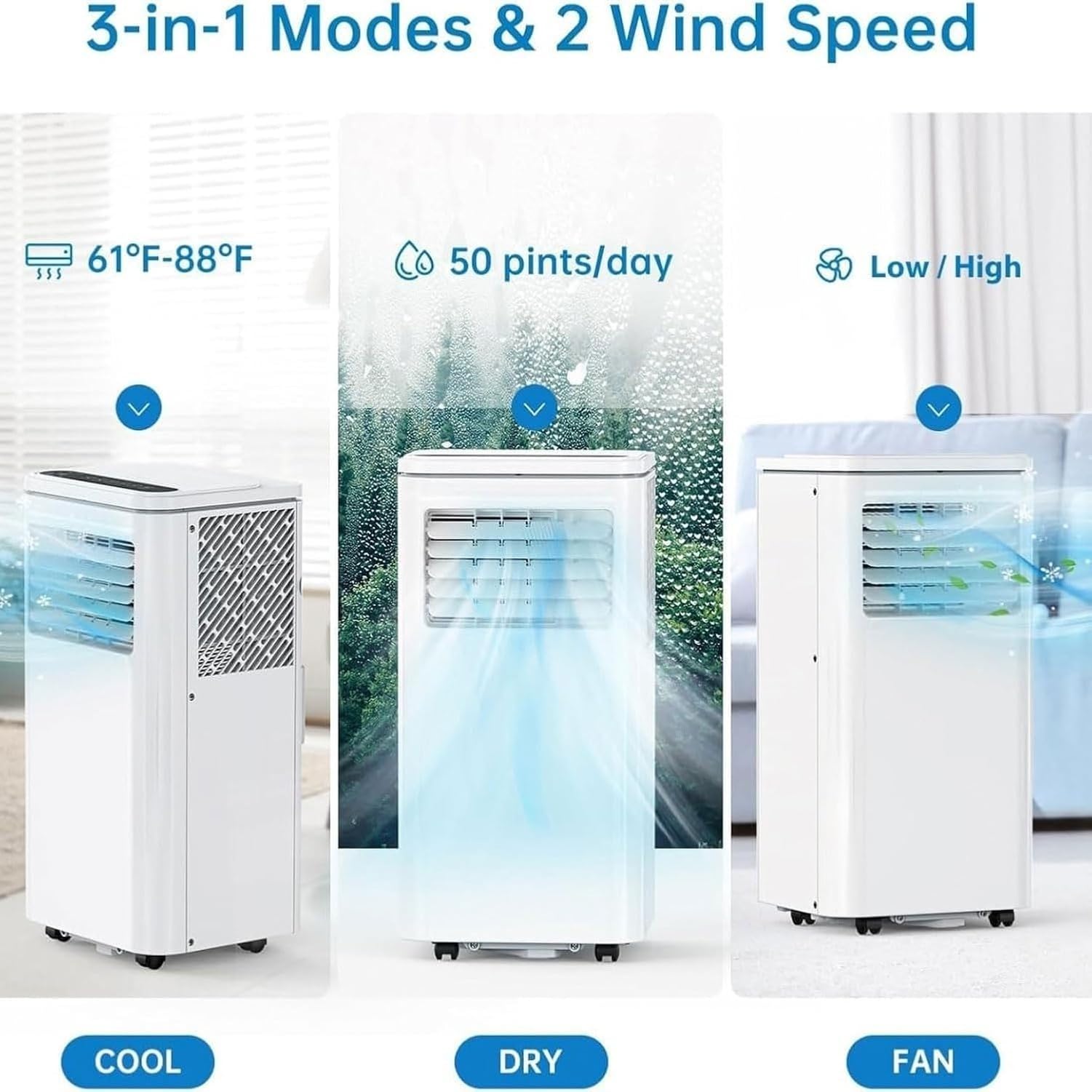 Aire Acondicionado Portátil con Deshumidificador y Mando a Distancia, Ventilador de Enfriamiento Silencioso, Temporizador 24 Horas, para Habitaciones hasta 32 m, Style 2, Remote Control Model