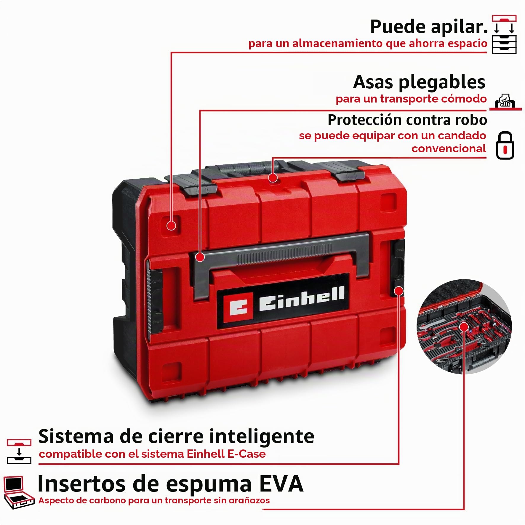 Einhell - Maletín de herramientas mecánicas, 201 piezas (multifunción, juego de bit, llaves de carraca, llaves y sistema E-Case)