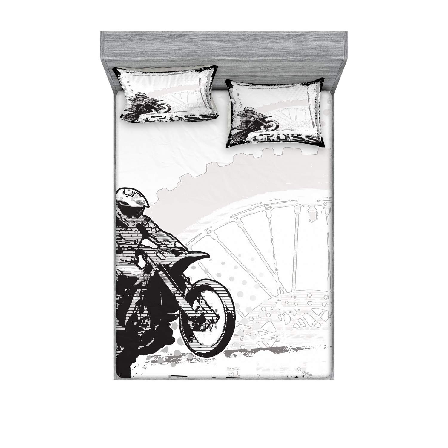 Ambesonne Motorcycle Fitted Sheet & Pillow Sham Set, Motocross Racer Image Grungy Background Poster Style Monochromic Artwork Print, Decorative Printed 3 Piece Bedding Decor Set, King, Black Charcoal