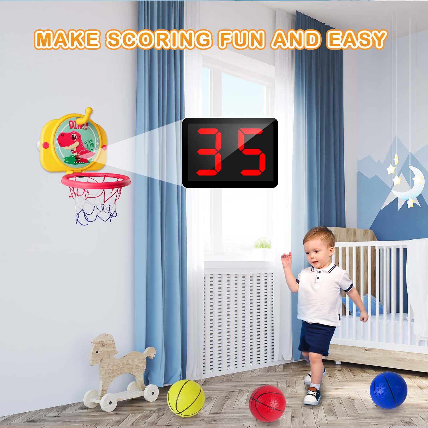 VATOS Canasta De Baloncesto De Interior – Aro Con Marcador Eléctrico, Sonido Y Luces LED, Incluye 3 Pelotas, Ideal Para Puerta De Habitación