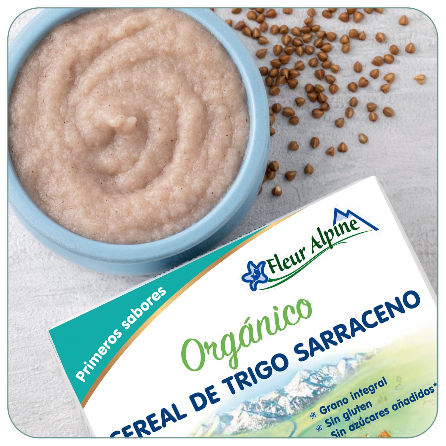 FLEUR ALPINE Alimentos para Bebés | Paquete x3 Cereales Orgánicos de Trigo Sarraceno - Gachas para Desayunos | Gachas Nutritivas Instantáneas Sin Gluten 4+ Meses Sin Azúcares Añadidos | 3x7 Porciones