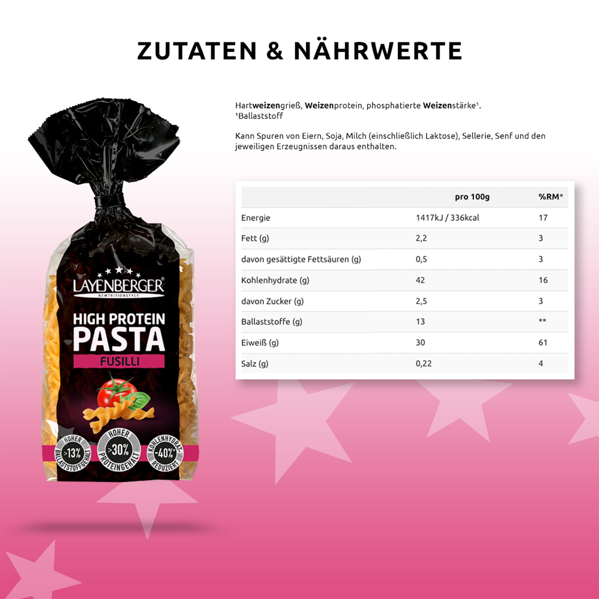 Layenberger High Protein Pasta Fusilli - Eiweiß-Nudeln, 30% Weizen-Protein, Ballaststoffe, vegan, 10er Pack (10x 250 g)