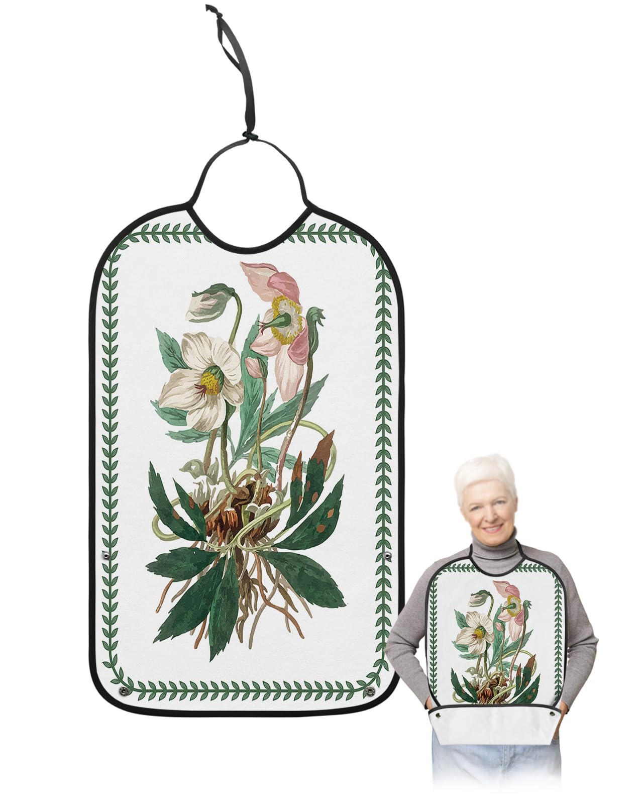 Spring Floral Adult Bibs for Eating, Waterproof Bibs with Food Catcher & Adjustable Snap Closure, Summer Flower Green Tropical Leaves Rustic Clothing Protectors Adult Bibs for Elderly Women/Men