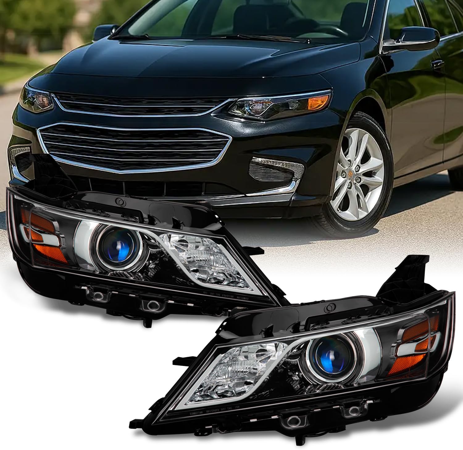 AKKON - Fits 2014-2020 Chevy Impala [Halogen Style] Projector Black Headlights Pair Driver Left + Passenger Right Headlamps