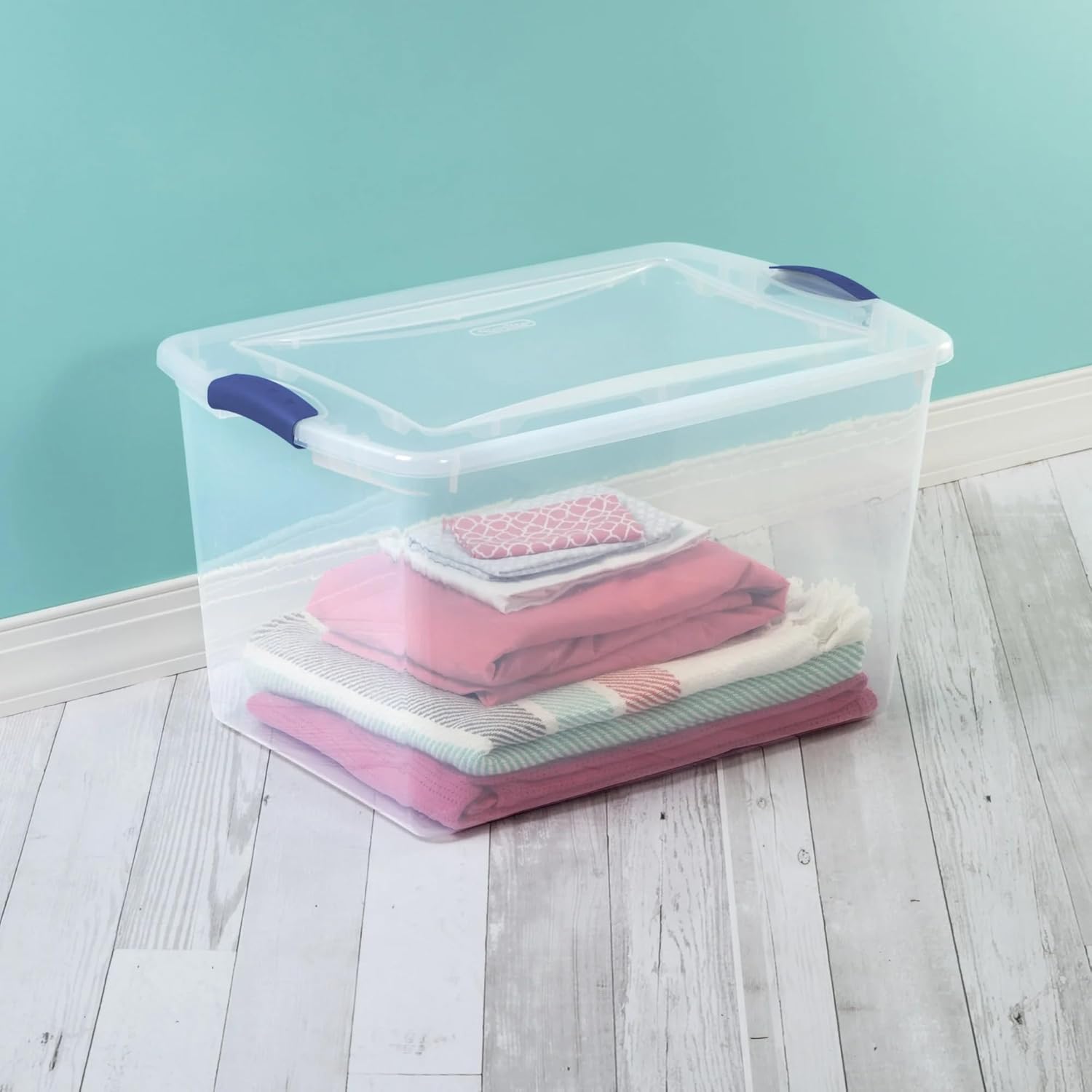 66-Quart Large Storage Bin - Clear Plastic Container with Blue Latch Lid, Airtight & Stackable Design for Garage, Basement or Pantry Organization, Heavy Duty BPA-Free (4 pack)