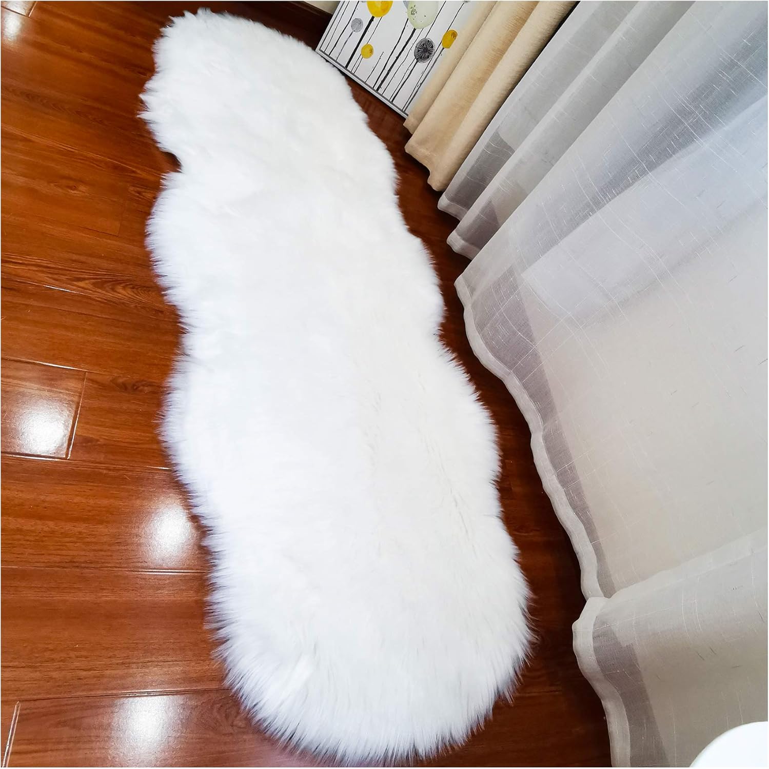 Faux Sheepskin Fur Fuzzy Furry Rug, 2x6 Ft Irregular White Furry Rugs, Bedside Fluffy Area Rug Fur Rugs for Bedroom, Living Room, Dorm Room, Photography