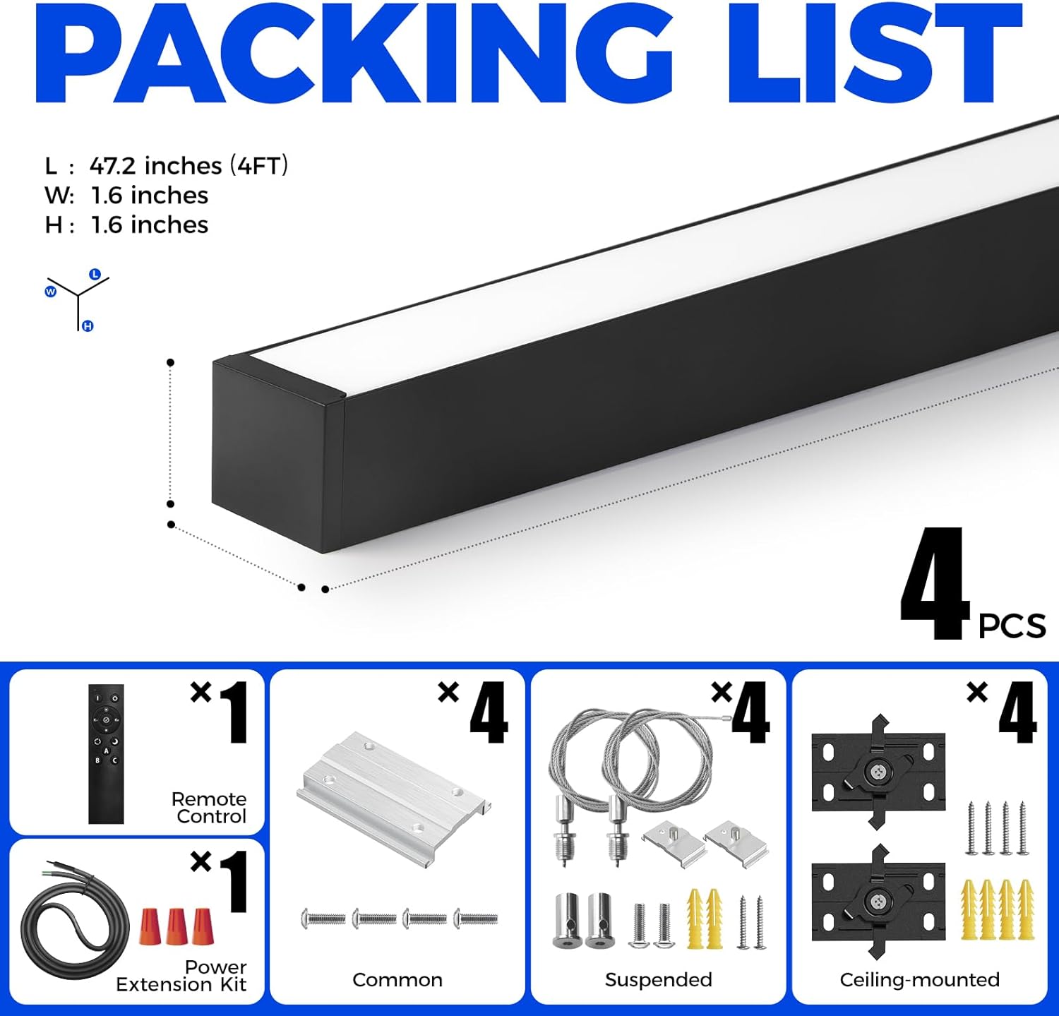 Barrina 4040 Remote Series LED Linear Light Fixture with Remote, 3rd-Generation, 4FT 40W Seamless Connection, 3000K-6000K Color Changing, Dimmable Pendant Lights for Bars Cafe Shop, Black, 4 Packs