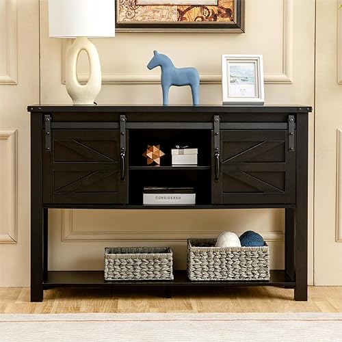 Miniatura 3 de GAZHOME Mesa de entrada con puertas correderas de granero, mesa consola de granja de 46 pulgadas con almacenamiento, mesa de sofá rústica con