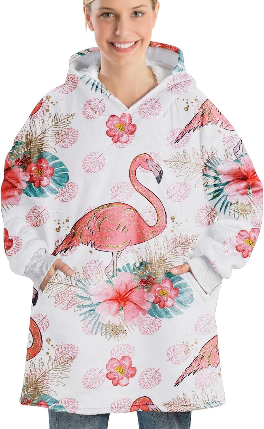 Flamingo Gifts, Flamingo Wearable Flannel Blanket Hoodie, Oversized Flannel Hooded Blanket Sweatshirt, One Size