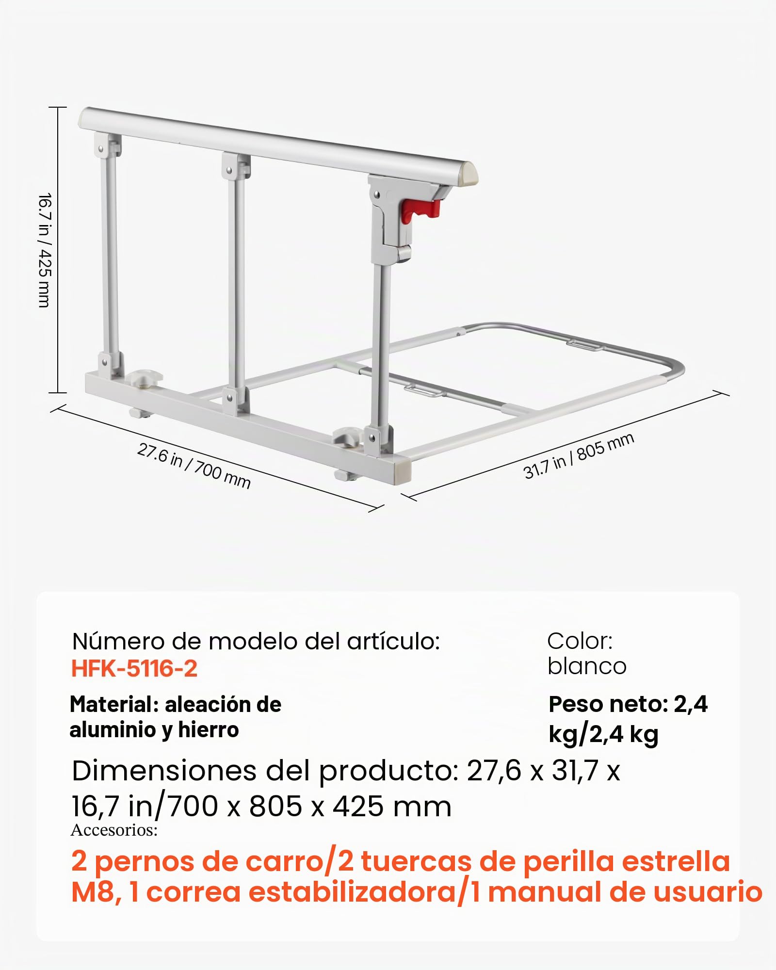 VEVOR Barandilla de Cama Plegable a Personas Mayores, 70 cm, con Correa de Sujeción, Protección Anticaídas y Protección de Bordes, Compatible con Camas King, Queen, Matrimoniales e Individuales