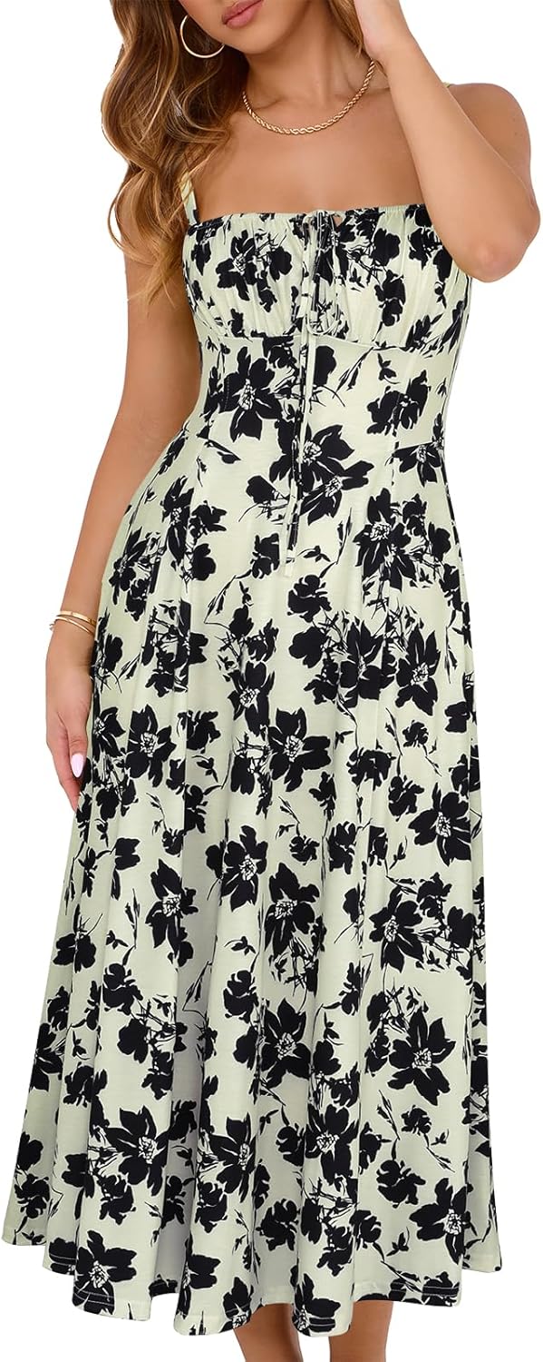 YATHON Women's Summer Midi Corset Boho Dresses Spring Casual Floral Spaghetti Straps Lace Up Dress Flowy Aline Beach Sundress - Image 3
