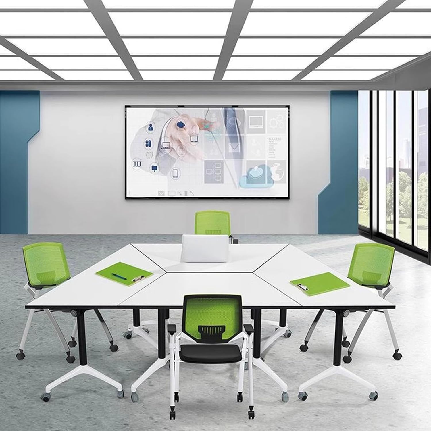 Spliceable Trapezoidal Conference Room Table, Flip-Top Folding Design Mobile and Versatile Seminar Table for Office, Workstations, Classrooms and Meeting Room